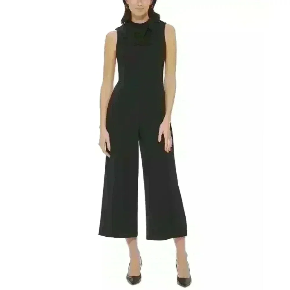 NEW! Calvin Klein Women's Bow-Embellished Mock Neck Cropped Wide-Leg Jumpsuit - Picture 1 of 3